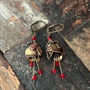 NoMonet hand painted brass & crystal flower fairy dangle pierced earrings